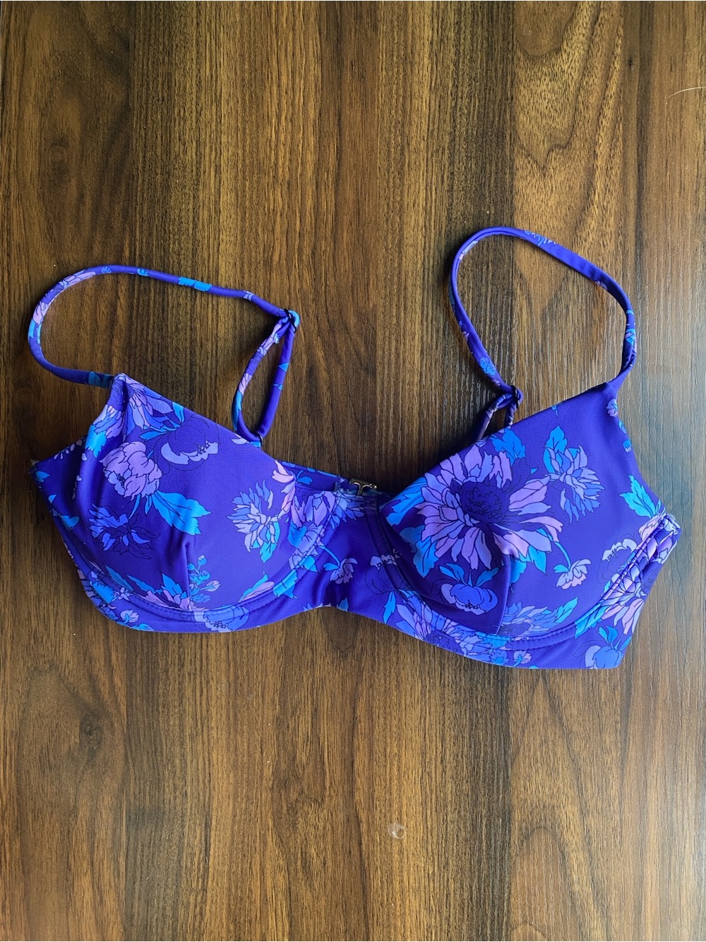 Blue and Purple Floral Underwire Bikini Top with Adjustable Straps